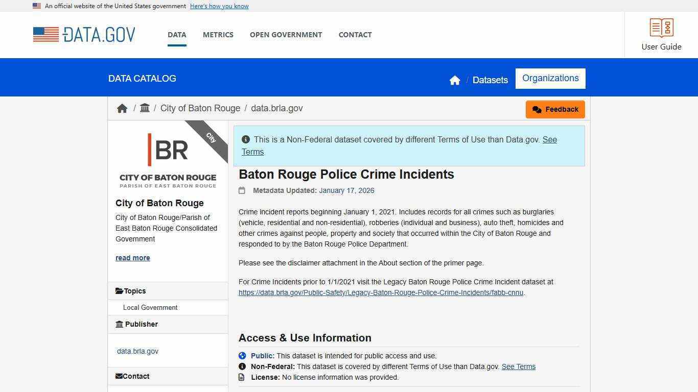 Baton Rouge Police Crime Incidents - Catalog